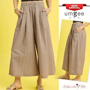 Umgee High Waisted Vertical Pinstripe Side Pockets Cropped Palazzo Pants | Camel